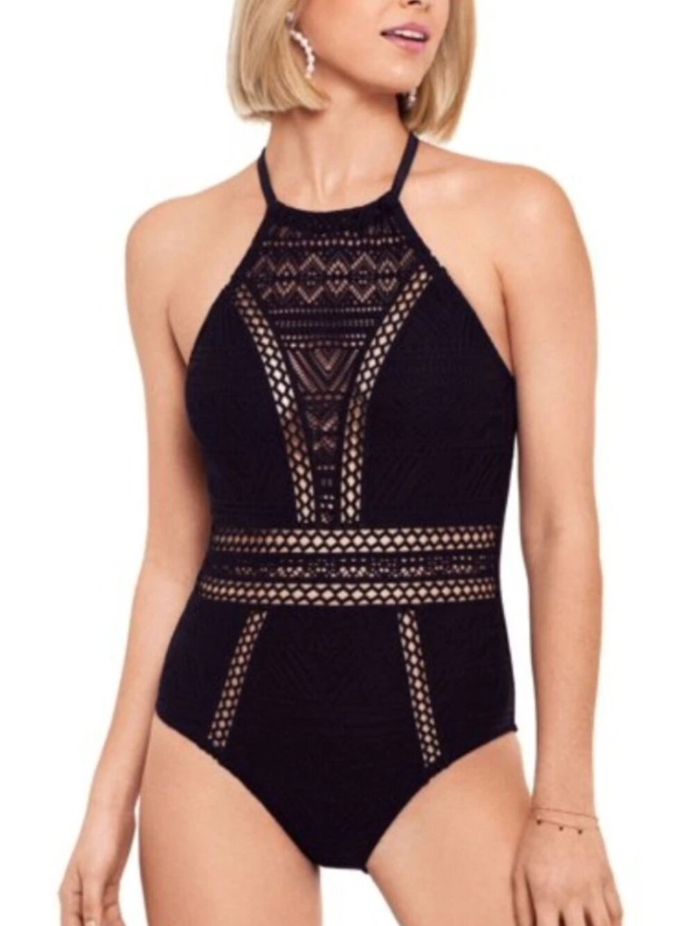 Salt + Cove Crochet Halter One-Piece Swimsuit Black Backless Bathing suit XL NWT